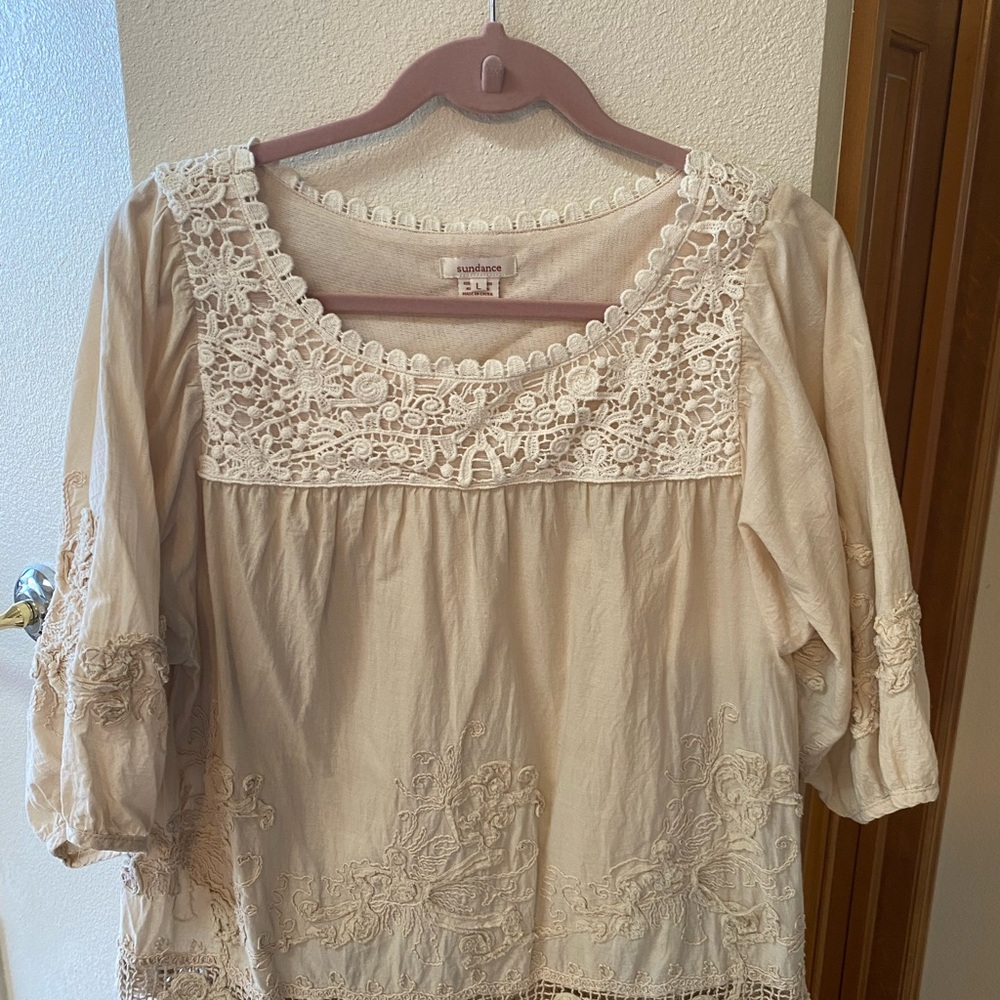 Sundance Cream Embroidered Crochet Yoke Blouse